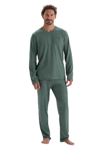 Dagi Men's Green V-Neck Long Sleeve Cotton Modal T-Shirt & Trousers Pyjama Set, Green,L von Dagi