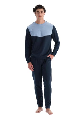 Dagi Men's Indigo Melange ​​ Crew Neck Long Sleeve Pajama Set with Jogger Pants, S von Dagi