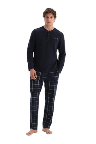 Dagi Men's Navy Half-Placket Long Sleeve Plaid Pants Pajama Set, 2XL von Dagi