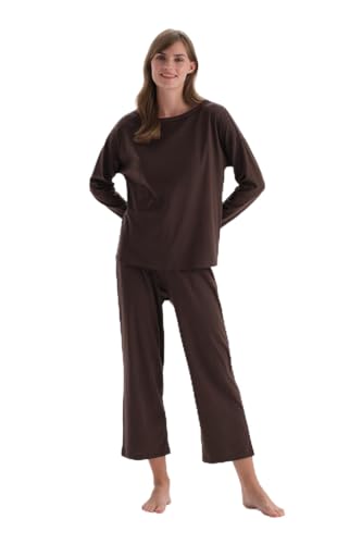 Dagi Women's Dark Brown Boat Collar Basic Regular Fit T-Shirt & Trousers Pyjama Set, Dark Brown,L von Dagi