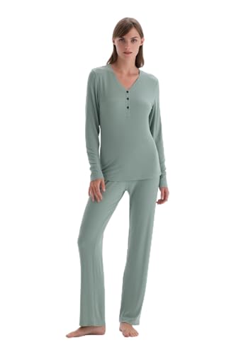 Dagi Women's Green Long Sleeve Ribbed Viscose Knitted T-Shirt & Trousers Pyjama Set, Green,L von Dagi