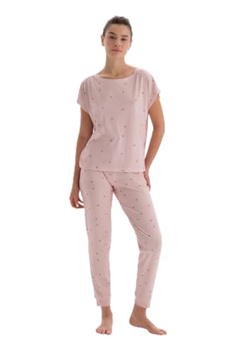 Dagi Women's Light Pink Microprint Printed Knitted T-Shirt & Trousers Pyjama Set, Light Pink,L von Dagi