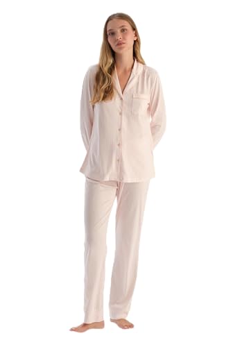 Dagi Women's Light Pink Striped Combed Modal Shirt Trousers Pajama Set, L von Dagi