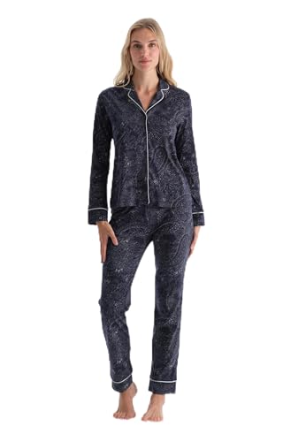 Dagi Women's Navy Patterned Combed Modal Shirt Trousers Pajama Set, XL von Dagi