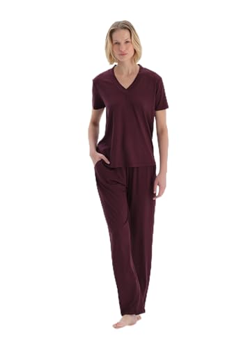 Dagi Women's Short Sleeve V-Neck Basic Viscose T-Shirt Pants Pajama Set, Bordeaux, S von Dagi