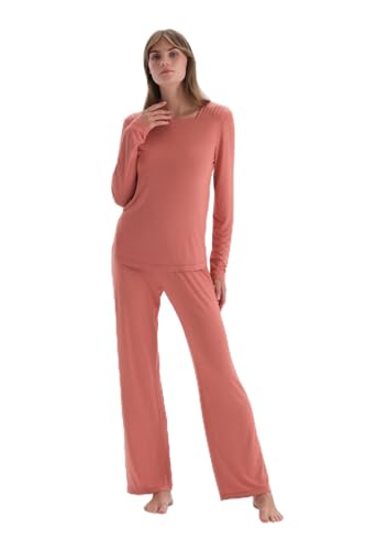 Dagi Women's Terracotta Collar Detailed Long Sleeve Knitted T-Shirt & Trousers Pyjama Set, Terracotta,XL von Dagi