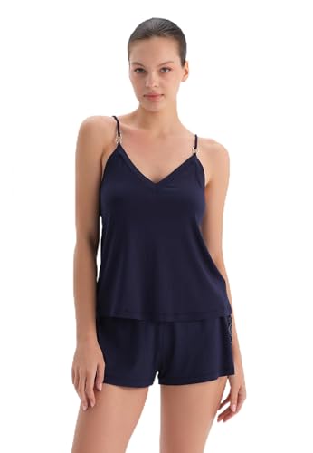 Women's Navy Tanktop and Shorts Set with Lace Detail, M von Dagi