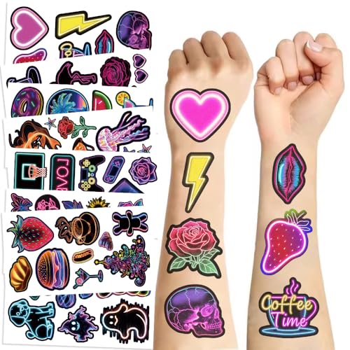 Glühen in den dunklen Neon -Tattoos 10 Blätter, süße Cartoon -Neonkörperfarbe sind UV Blacklight Reactive Face Temporäre Tätowierungen für Erwachsene, Jugend von Dagmar