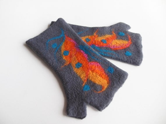 Gefilzte Armstulpen, Handgefilzte Gefilzte Lange Handschuhe, Grau Mit Orange Und Türkis Gefilzte Armstulpen, Handgefilzte Gefilzte Lange Handschuhe, Grau Mit Orange Und Türkis von Dagneart