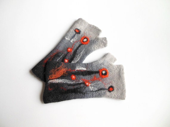 Gefilzte Handschuhe, Hand Gefilzt Fingerlose Gefilzte Lange Wirst Wärmer, Grau Orange Handschuhe Gefilzte Handschuhe, Hand Gefilzt Fingerlose Gefilzte Lange Wirst Wärmer, Grau Orange Handschuhe von Dagneart