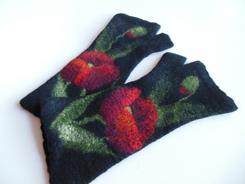 Gefilzte Handschuhe, Lange Gefilzte Hand Schwarz Rot Gefilzte Handschuhe, Lange Gefilzte Hand Schwarz Rot von Dagneart