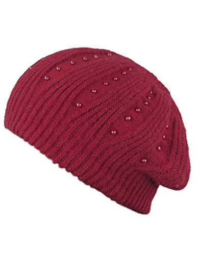 Dahlia Damen Skullies & Beanies - Angora Wolle Beanie Mütze mit Perle Akzent - Rot - Einheitsgröße von Dahlia