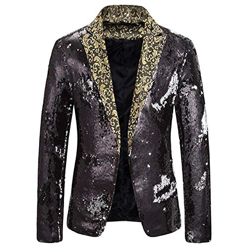 DAIHAN Herren Sakko Blazer Anzugjacke Freizeit Pailletten Glitter Smokingjacke Anzug Jacke Karneval Kostüm für Hochzeit Party Festlich Schwarz S von DAIHAN