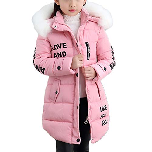 DAIHAN Mädchen Lange Winterjacke Kinder Wintermantel Mit Falsch Fellkapuze Warm Jacke Pink 140CM von DAIHAN