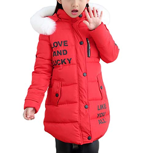 DAIHAN Mädchen Lange Winterjacke Kinder Wintermantel Mit Falsch Fellkapuze Warm Jacke Rot 110CM von DAIHAN