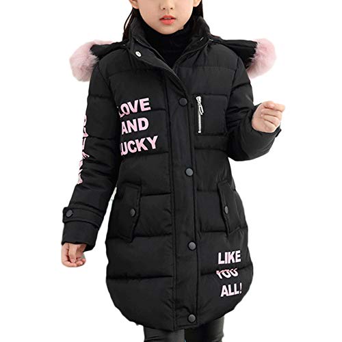 DAIHAN Mädchen Lange Winterjacke Kinder Wintermantel Mit Falsch Fellkapuze Warm Jacke Schwarz 140CM von DAIHAN