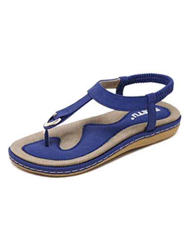 Damen Bequem Sommer Bohemia Beach Sandal Flach Sommerschuhe Sandals PU Leder Strand Zehentrenner Flip-Sandalen Toe Separator Blau EU 36 von DAIHAN