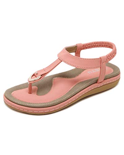 Damen Bequem Sommer Bohemia Beach Sandal Flach Sommerschuhe Sandals PU Leder Strand Zehentrenner Flip-Sandalen Toe Separator Rosa EU 36 von DAIHAN