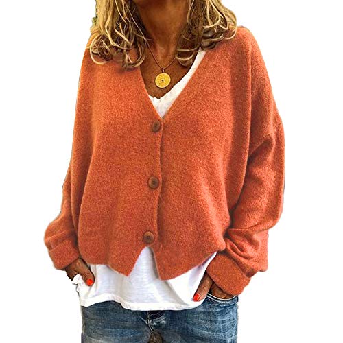 DAIHAN Gestrickte Jacke Strickjacke Damen Cardigan Strickpullover Kurz Jäckchen Langarm Strickmantel,Orange,M von DAIHAN