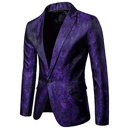 DAIHAN Herren Paisley Jacquard Sakkos Blazer Slim Fit Gold Pailletten Anzugjacke Party Smoking Performance Kostüm Mantel Violett L von DAIHAN