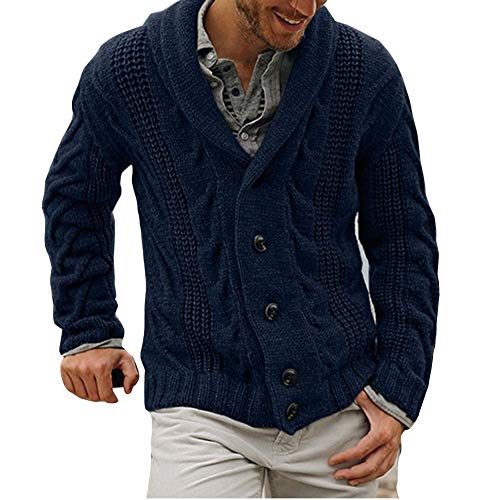 DAIHAN Herren Plus Size Herbst Winter Strickjacke Cardigan mit Schalkragen Einreiher Pullover Mantel Chunky Cable Knit Knopfleiste Strickmantel mit Fronttaschen Dunkelblau L von DAIHAN