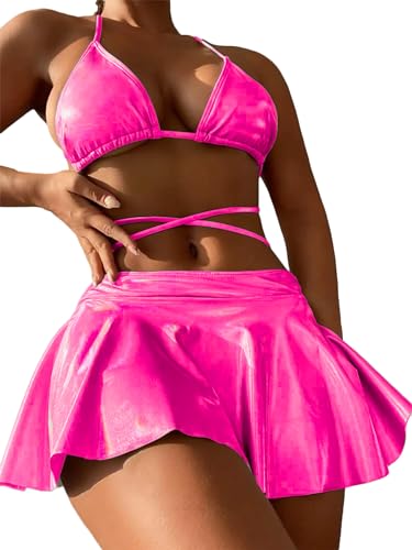 3-teilige Triangel-Badeanzüge für Frauen Metallic-Bikini-Sets Tanga Badeanzug mit Strandrock Sexy Festival Rave Outfits, Knallpink (Hot Pink), XL von DaiLiWei