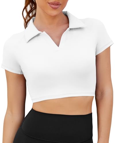DaiLiWei Cropped Polo Shirts für Frauen Golf Kragen Crop Tops Kurzarm Workout Tennis T-Shirt V-Ausschnitt Sport Active Tees Outfit, Weiss/opulenter Garten, Klein von DaiLiWei