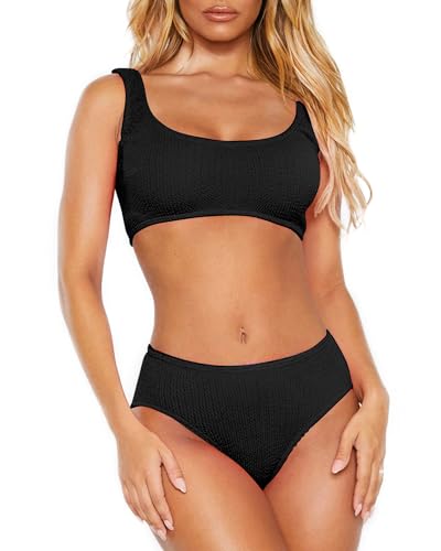 Damen-Badeanzüge, zweiteilig, Sport-Badeanzüge, bauchfreies Top, geripptes Bikini-Set, Bademode, Hose, Schwarz, Medium von DaiLiWei