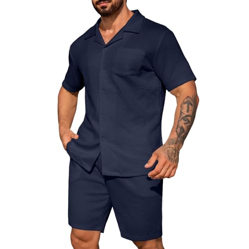 Herren 2-Teiliges Trainingsanzüge Rave-Outfit Hawaii-Hemden Und Shorts Set Sommer Klamotten Sportbekleidung Männer Blau Sommerhose Herren Leicht Sommer Hemd Hemd Kurzarm Shorts Modische Hemden von Daikascbny
