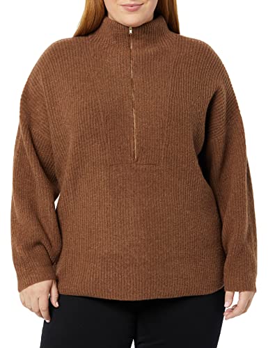 Amazon Essentials Damen Stretch-Pullover aus mittelgrobem Strick mit halblangem Reißverschluss und Polokragen (Früher Daily Ritual), Schokoladenbraun Meliert, S von Amazon Essentials