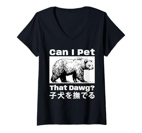 Damen Can I Pet The Bear Japanisch T-Shirt mit V-Ausschnitt von DailyVibe Tees