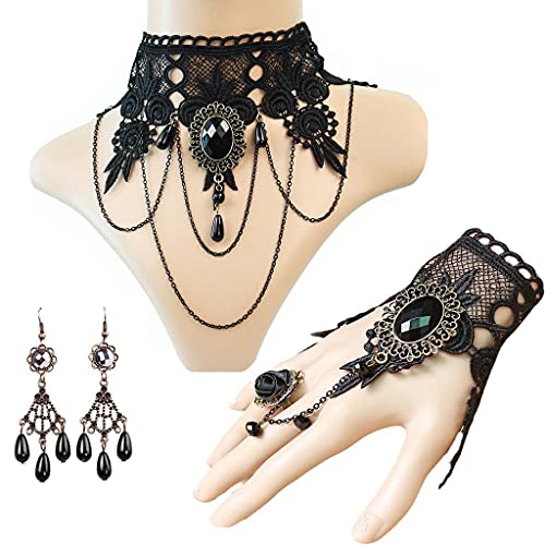 Daimay 4PCS Gotisch Choker Halskette Armbänder Schmuck Halsband Ketten Victorian Steampunk Retro Zahnräder Spitze Vampir Armband für Halloween Ostern Lolita Spitze Geschenk- GS180+ GY120+E001 von Daimay