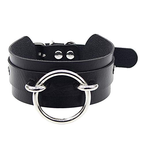 Daimay Breit Lederhalsband Halskette Kreis Ring Form Damen Leder Choker Metall Ring Halsband Gotik Punk Rock Lederband Einstellbar Kragen - Schwarz mit Silber Ring von Daimay