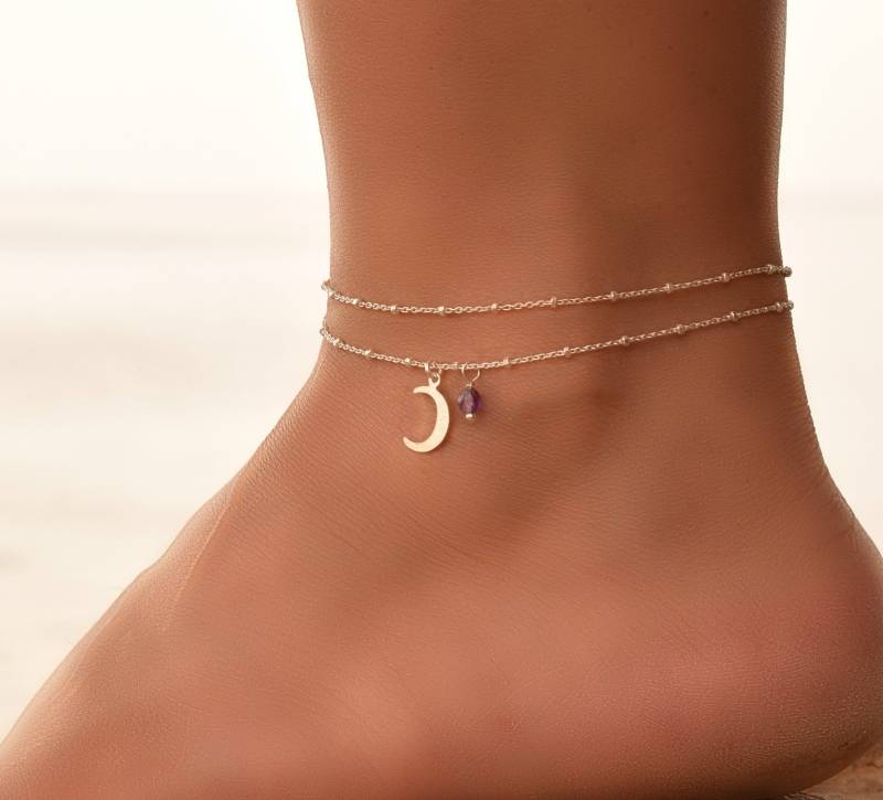 Halbmond Fußkettchen, Silber Fußkettchen Für Frauen, Zierliche Sterling Doppellagig Set von DaintyJools