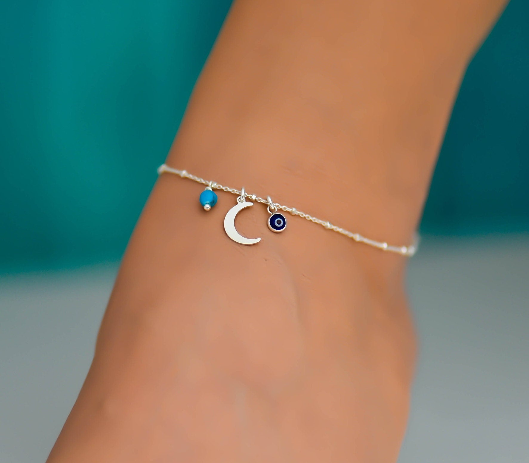 Mond Evil Eye Fußkettchen, Fußkettchen Für Frauen, Türkis Sterling Silber Boho von DaintyJools