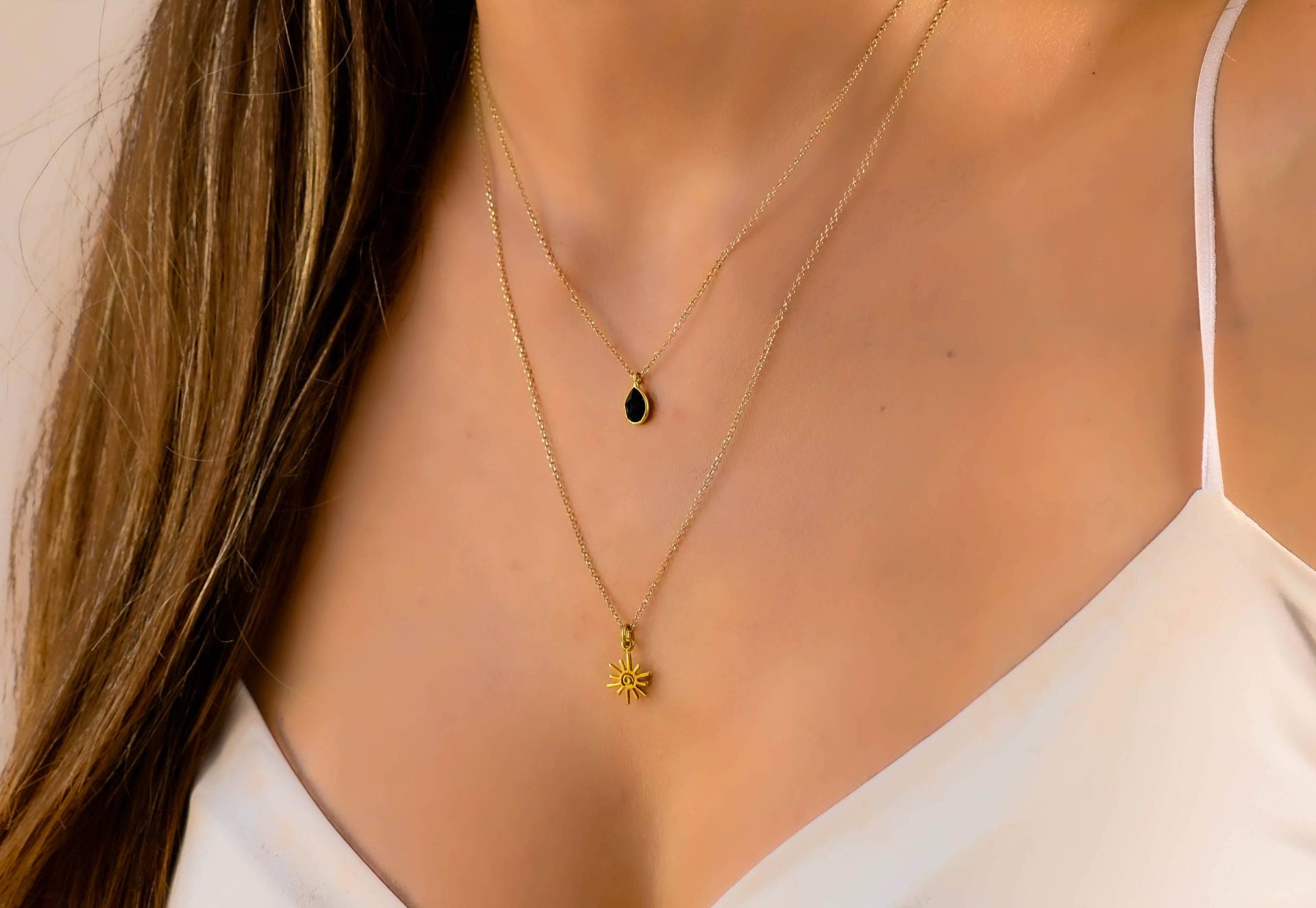 Schwarze Onyx Sonne Halskette, Zierliche Mehrreihige Goldkette, Halsketten, Doppel Gold Halsketten Für Frauen, Boho Frauen von DaintyJools