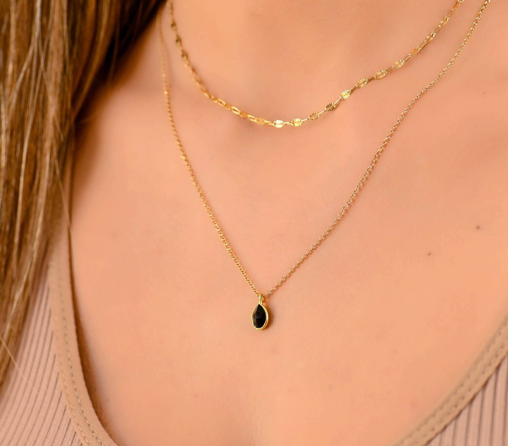 Schwarz Onyx Stein Halskette, Gold Halsketten Für Frauen, Layered Halsketten-Set, Zierliche Teardrop Doppel-Halsketten Frauen von DaintyJools