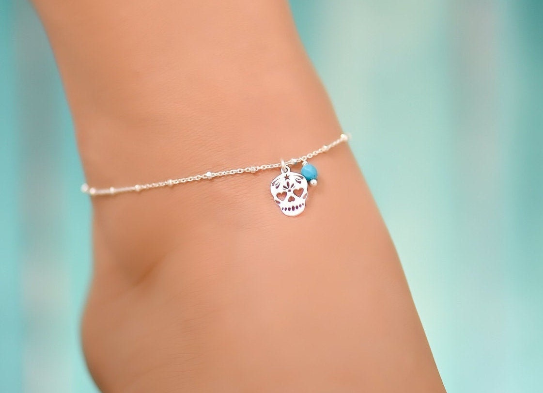 Sugar Skull Fußkettchen, Silber Fußkettchen Für Frauen, Sterling Türkis Schmuck von DaintyJools