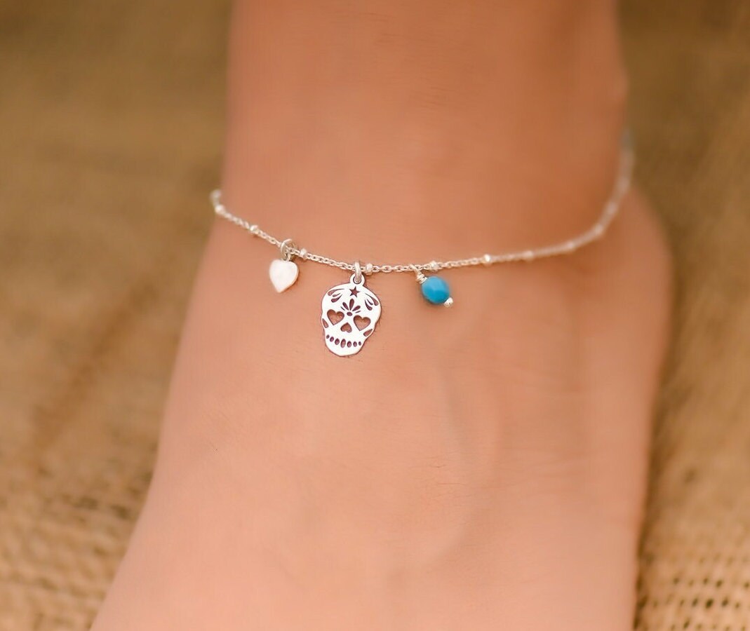 Sugar Skull Fußkettchen, Sterling Silber Fußkettchen Für Frauen, Türkises Schmuck von DaintyJools