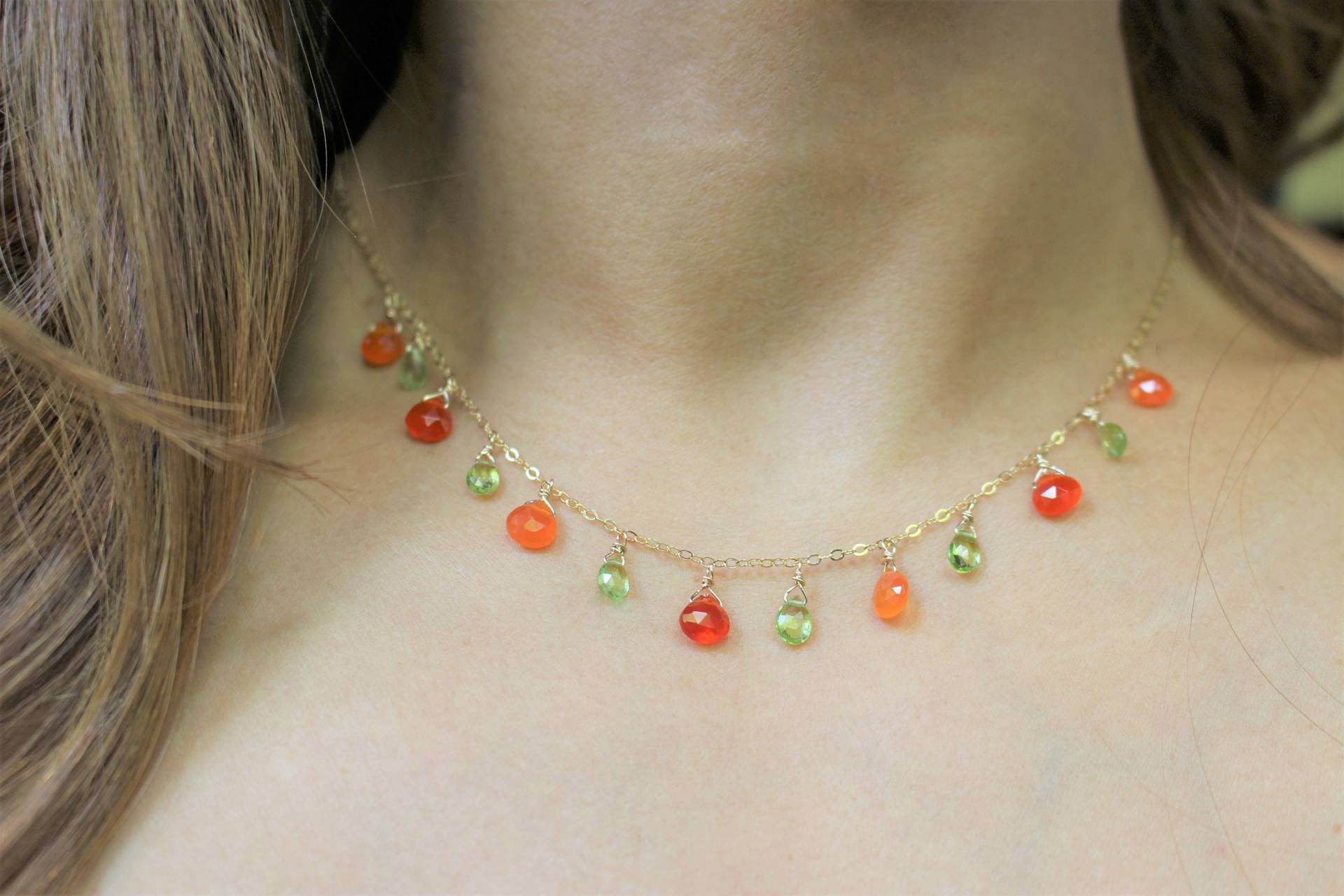 Karneol Peridot Briolette Kette 14K Goldfilled Edelsteinschmuck von Daintybylouloubeads