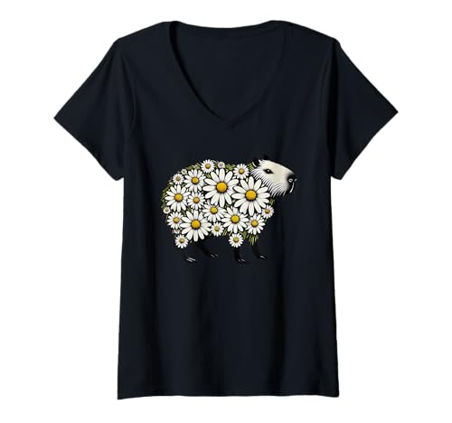 Damen Daisy Capybara Flower Gardening Floral T-Shirt mit V-Ausschnitt von Daisies Capybaras Lover Flower Gardening Apparel