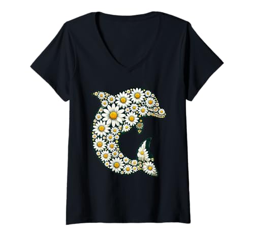 Damen Daisy Flower Dolphin Gardening Floral T-Shirt mit V-Ausschnitt von Daisies Flower Dolphin Lover Gardening Apparel