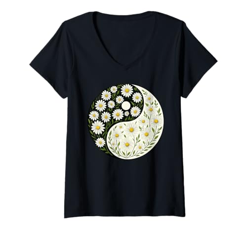 Damen Daisy Yin Yang Flower T-Shirt mit V-Ausschnitt von Daisies Yin Yang Flower Gardening Apparel