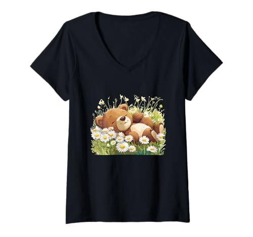 Damen Coole Sommerwiese mit Teddybär und Gänseblümchen T-Shirt mit V-Ausschnitt von Daisy Bear