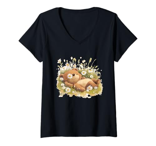 Damen Frischer Teddybär auf Wiese voller Gänseblümchen Kostüm T-Shirt mit V-Ausschnitt von Daisy Bear