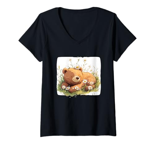 Damen Hübscher Bär in Gänseblümchen Wiese voller Blumen Kostüm T-Shirt mit V-Ausschnitt von Daisy Bear
