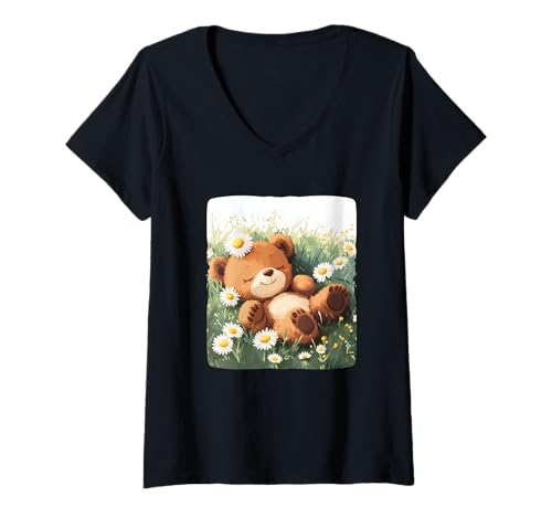 Damen Junger Bär auf Blumenwiese für Gänseblümchenliebhaber T-Shirt mit V-Ausschnitt von Daisy Bear