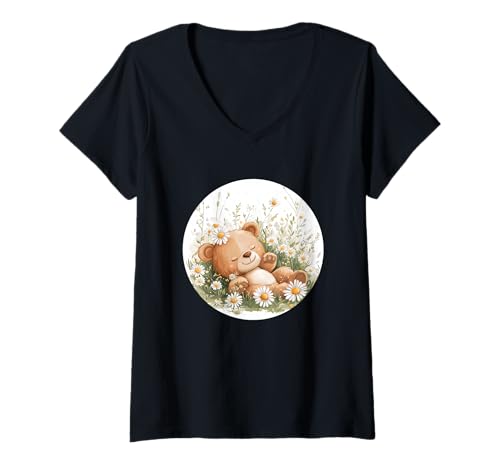 Damen Kostüm „Schlafender Bär auf der Sommerwiese voller Gänseblümchen“ T-Shirt mit V-Ausschnitt von Daisy Bear