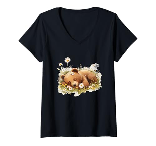 Damen Lustiger Blumenbär liebt Gänseblümchen und Wiese im Sommer T-Shirt mit V-Ausschnitt Damen Lustiger Blumenbär liebt Gänseblümchen und Wiese im Sommer T-Shirt mit V-Ausschnitt von Daisy Bear