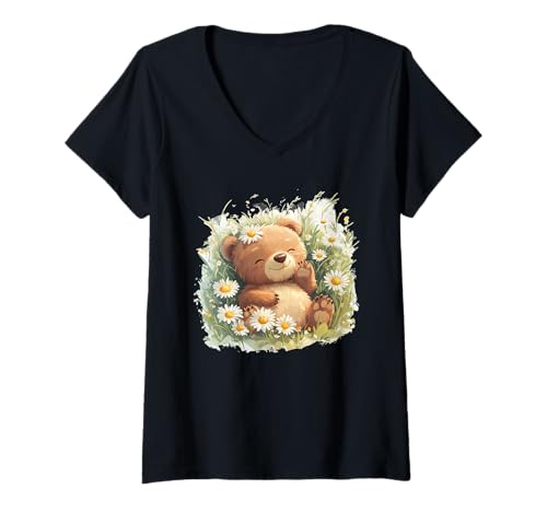 Damen Süßer Bär auf Gänseblümchenwiese für Erwachsene und Kinder T-Shirt mit V-Ausschnitt von Daisy Bear